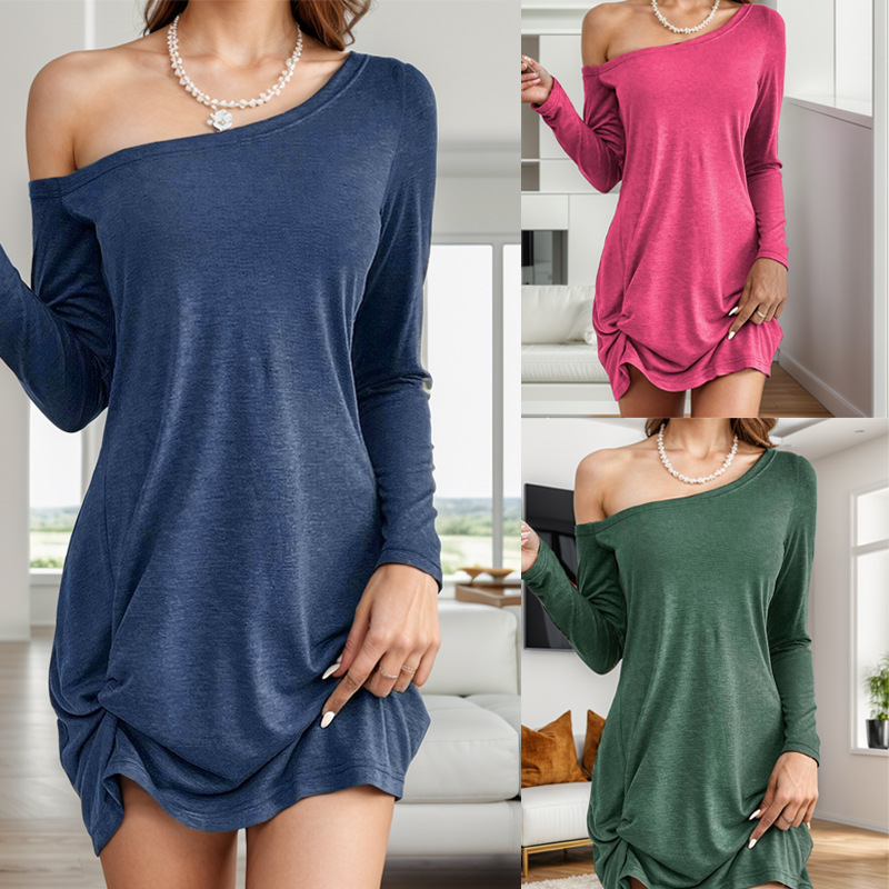 Picture of 2024 European and American Hot Selling Spring and Autumn New European and American Long Sleeve Loose Solid Color T-Shirt Casual dress Women's Clothing