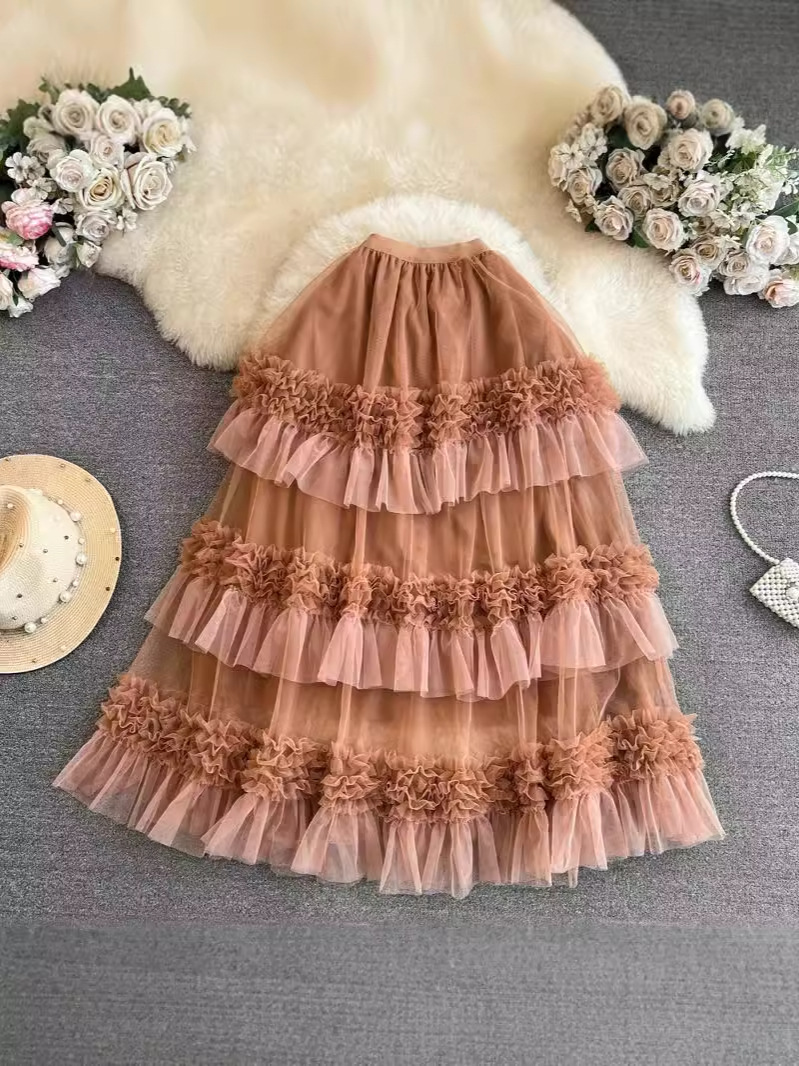 Autumn and Winter New Color Matching Fashion Wear Large Hem Gauze Skirt Dancing Skirt Heavy Industry Cake Skirt