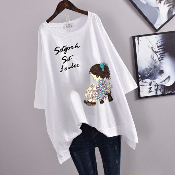 Picture of 100kg Plus Size Women's Summer Leaf Print Casual Slit Mid-Length Short Sleeve T-Shirt Loose Oversized Style