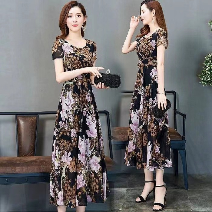 Cross-border Foreign Trade Summer New Arrival Floral Ice Silk dress Women's plus size Tight Waist High Waist Stylish Fashionable Age-reducing Skirt