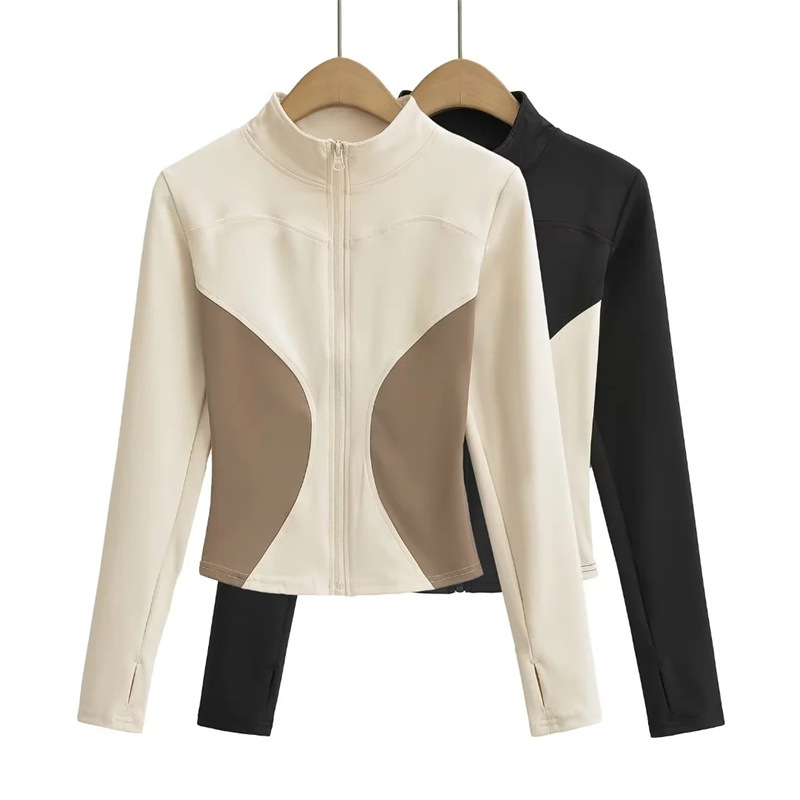 European and American hot girls naked quick-drying color matching cardigan coat early autumn new running fitness exercise yoga top