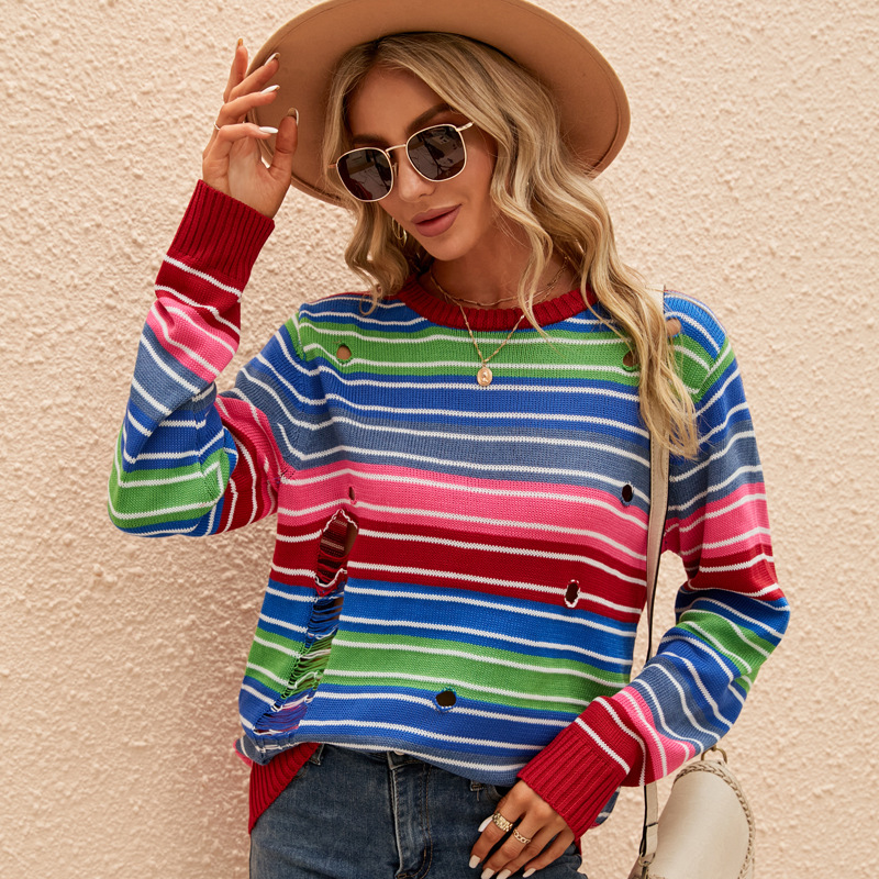Amazon Autumn and Winter Colorful Sweater Long Sleeve Round Neck Striped Sweater Loose Casual Contrast Color Ripped Sweater