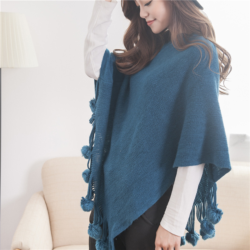 Korean version of autumn and winter pullover ball shawl wool hanging ball solid color knitted ball Cape factory wholesale