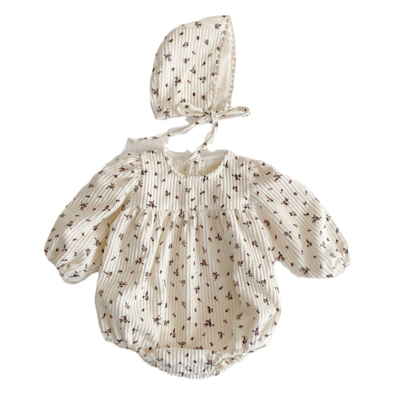 2025 Spring Cotton Baby Girl Infant Corduroy Puff Long-Sleeved Jumpsuit Triangle Romper with Hat