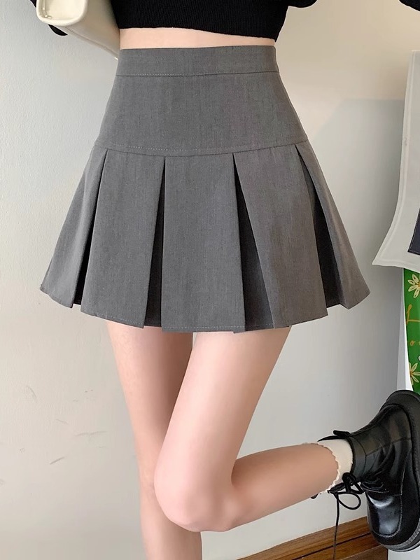 Grey Pleated Skirt Women's Spring and Autumn 2024 New Anti-exposure A- line Short Skirt Slimming High Waist Puffy Umbrella Skirt