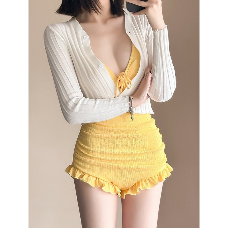 Egg Yellow-Girl One-piece Ruffled One-piece Swimsuit Female Student 2024 New Hot Spring Vacation Swimsuit