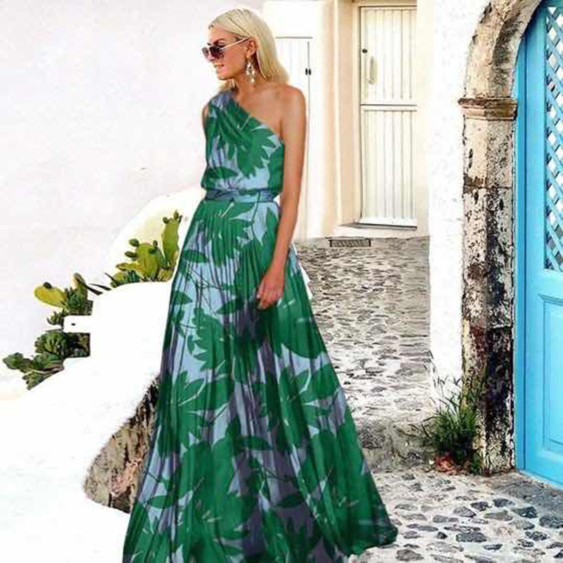 2022 cross-border new women's foreign trade leaf printing off-shoulder stitching European and American ins women's summer dress dress