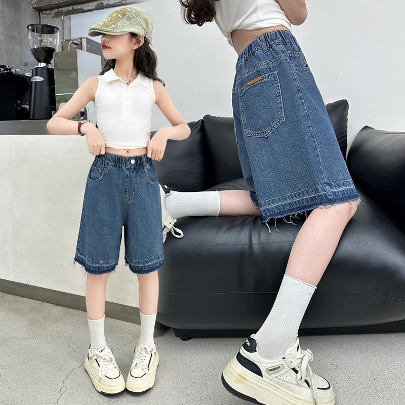Girls' Denim Shorts Loose 2025 New Children's Summer Western Style Stitching Five-point Pants All-match Children's Wear Pants
