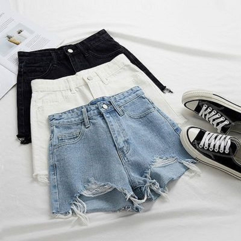 Picture of Cotton-Containing Ripped High-Waisted Denim Shorts for Women Summer 2021 Versatile Slimming Look A-Line Pants Raw Edge Frayed Wide-Leg Pants for Women