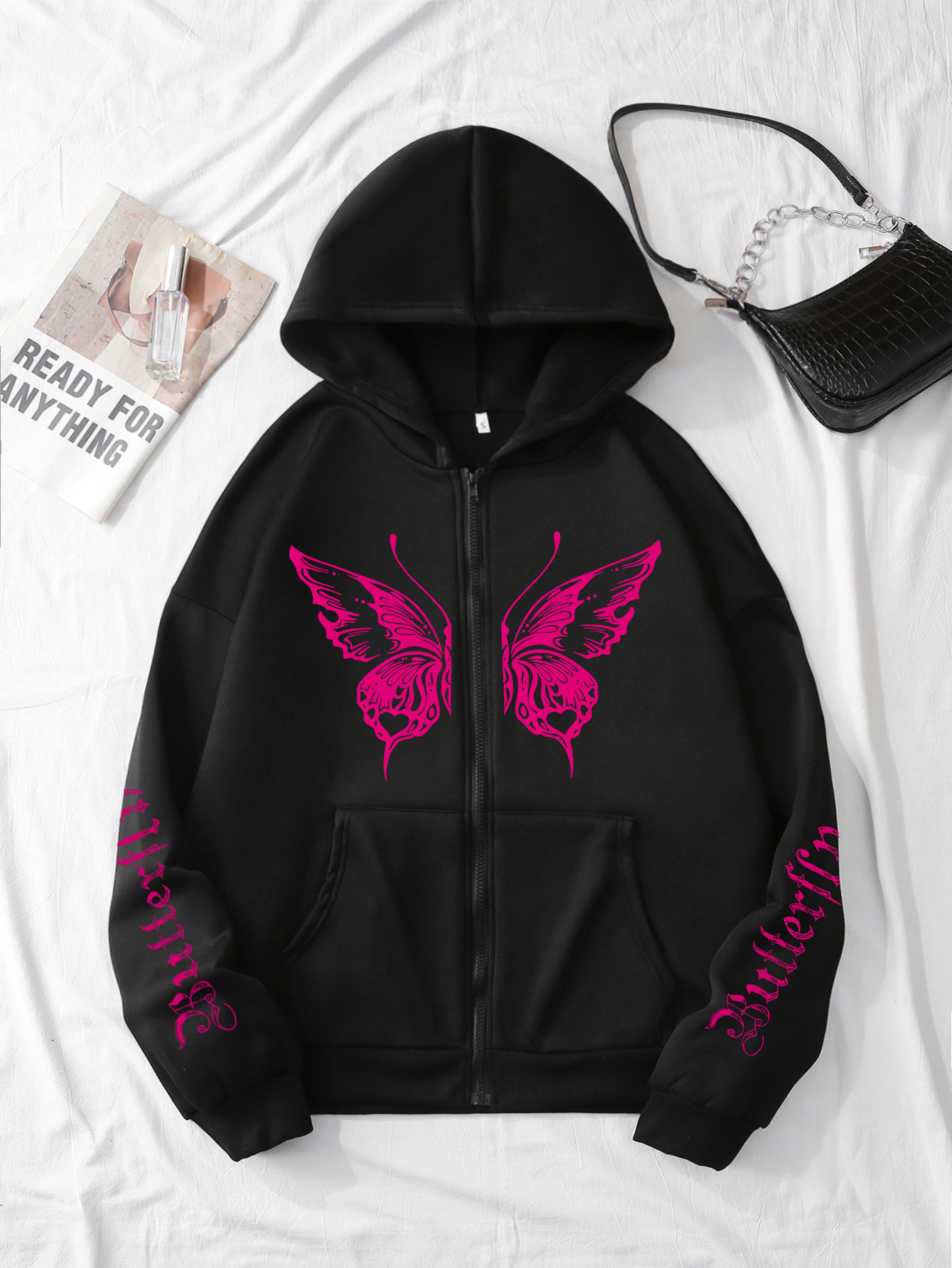Cross-border Autumn and Winter European and American Velvet Thickened Y2K Butterfly Printed Loose Pocket Hooded Zipper Women's Sweatshirt Jacket