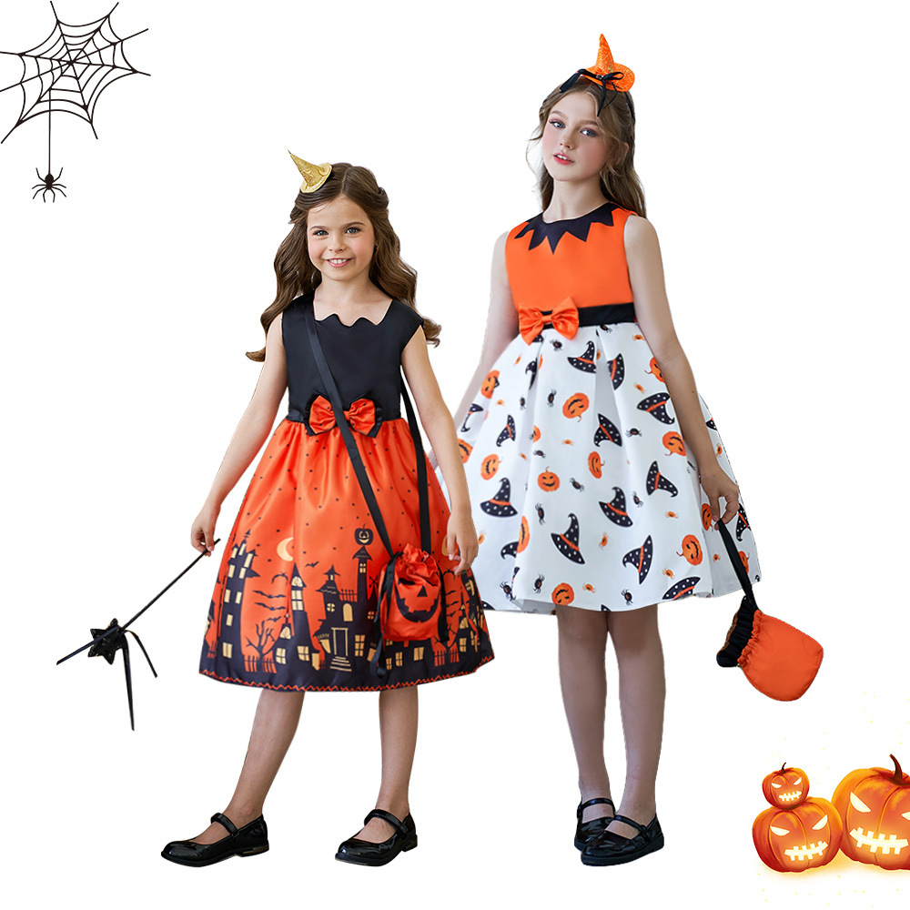 Halloween Witch Ghost Castle Print cosplay Princess Dress Halloween Party Kids dress
