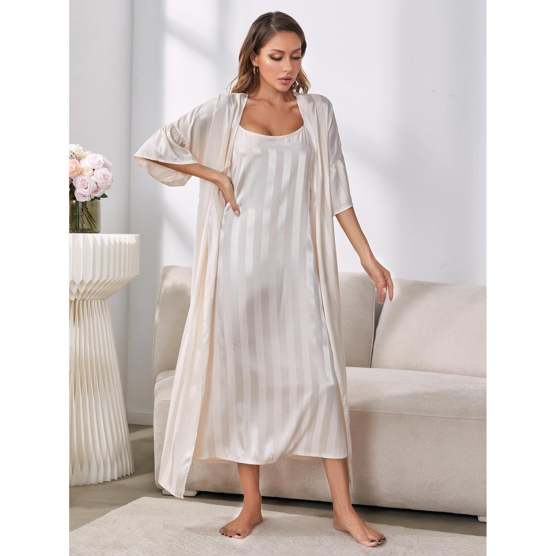 Picture of Amazon Foreign Trade Suspender Pajamas Women's Simulated Silk Long Sleeve High-Quality Ice Silk Pajamas Home Clothes Set Independent Station