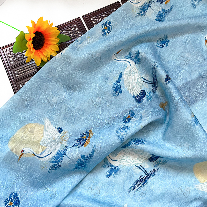 Blue Pond Heron Shadow New Chinese style Hanfu cheongsam dress fabric Tencel jacquard fabric handmade DIY fabric