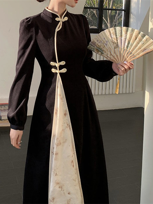 2024 spring new improved cheongsam stand collar dress women fat mm200 kg slim vintage long skirt