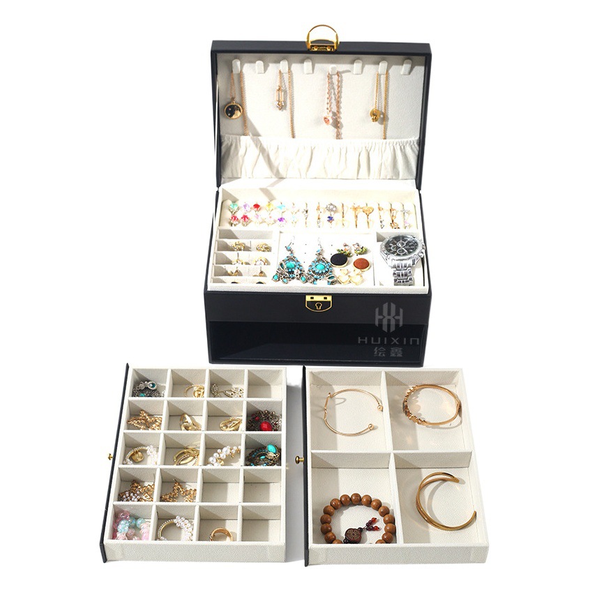 Large Capacity Diamond Jewelry Box with Lock Household Three-layer Leather Jewelry Storage Box Wholesale New Jewelry Box