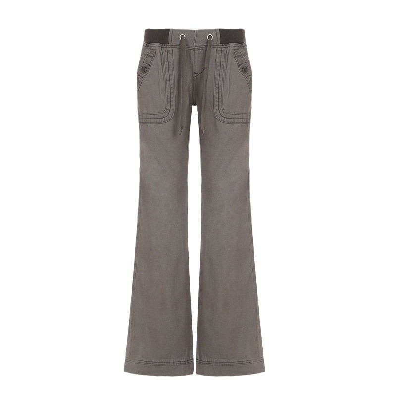 Picture of European and American Style Distinctive Street Slim-fit Slimming Workwear Trousers Women's Straight Wide Pants Strap Low Waist Casual Jeans Trendy