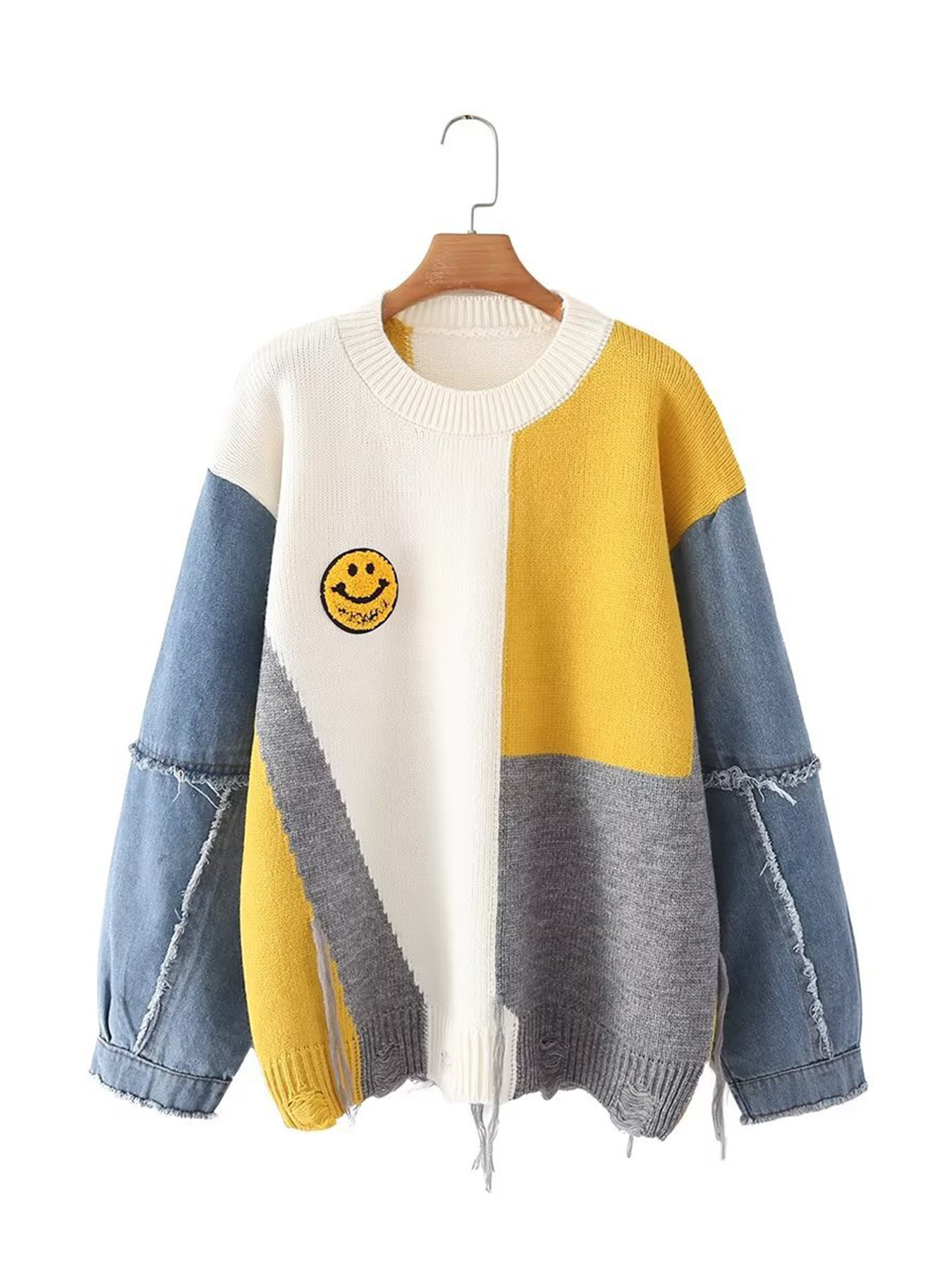 Picture of European and American Cross-Border Amazon Autumn and Winter New Loose Denim Stitching Contrasting Smiley Face Round Neck Long-Sleeved Sweater Pullover