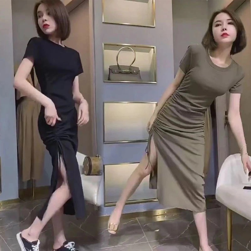 2021 Summer Stretch Slim Fit Pleated Lace-up Side Slit Mid-length Dress Women's Short-sleeved T-shirt Drawstring Long Dress