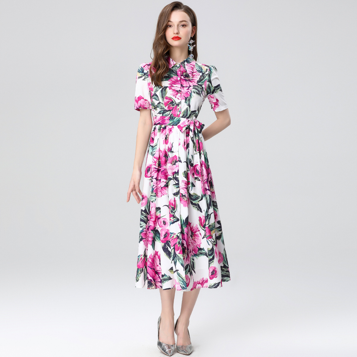 Cross-border Women's Wear European and American-style dress 2025 Summer New Waist Slimming Elegant Printed Shirt Long Skirt