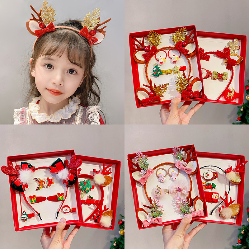 Picture of 2023 new children Girl Christmas headband hairpin suit combination cute antlers Christmas headband hairpin headdress