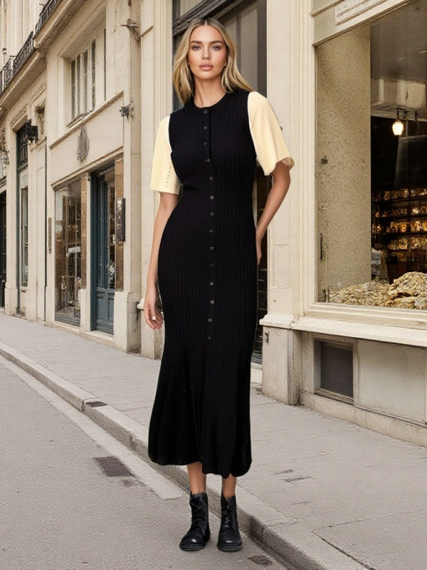 2025 Export Women's Round Neck S Button Dress Summer Slim Waist Knitted Skirt Elegant Bell Sleeve Long Skirt