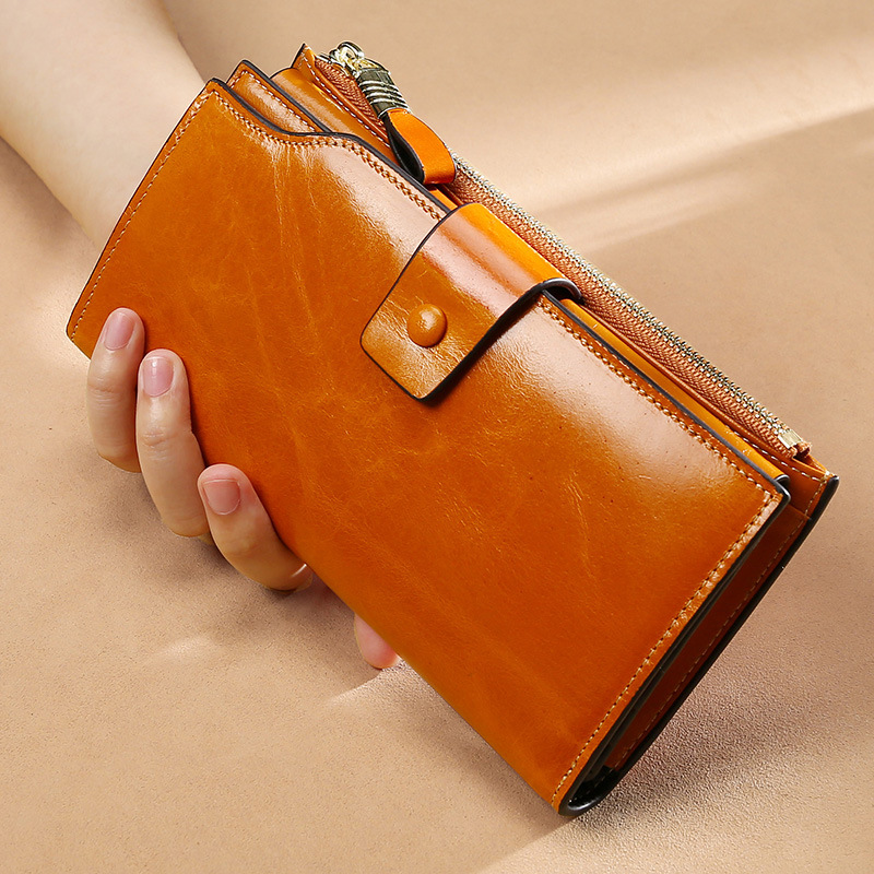 Picture of Cross-Border Genuine Leather Long Women's Wallet Rfid Anti-Theft Multi-Card Slot Wallet Retro Oil Wax Leather Girls' Clutch Bag