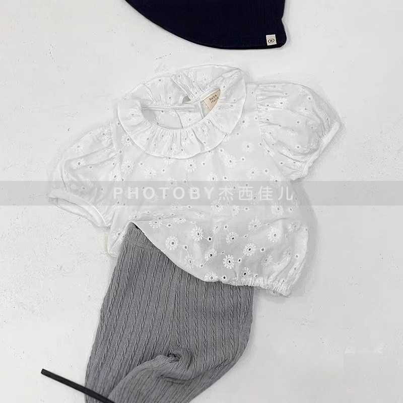 Picture of South Korea New Children's Wear Girls 2025 Summer Lace Hollow Flower Stylish Cute Fashionable Doll Short Sleeve Shirt