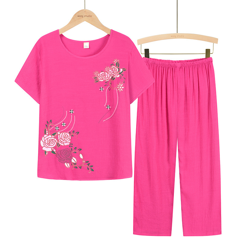 Picture of Middle-aged and elderly women's summer two-piece mother's 70-year-old grandmother's short-sleeved T-shirt jacket set Old Lady's pajamas