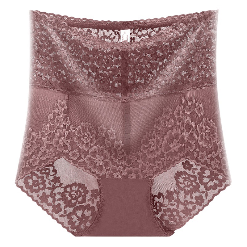 Large Size High Waist Lace Underwear Sexy Hollow-out Transparent Cotton Crotch Tucking for Belly and Beautiful Hip Slim-fit Thin Underwear for Chubby Girls