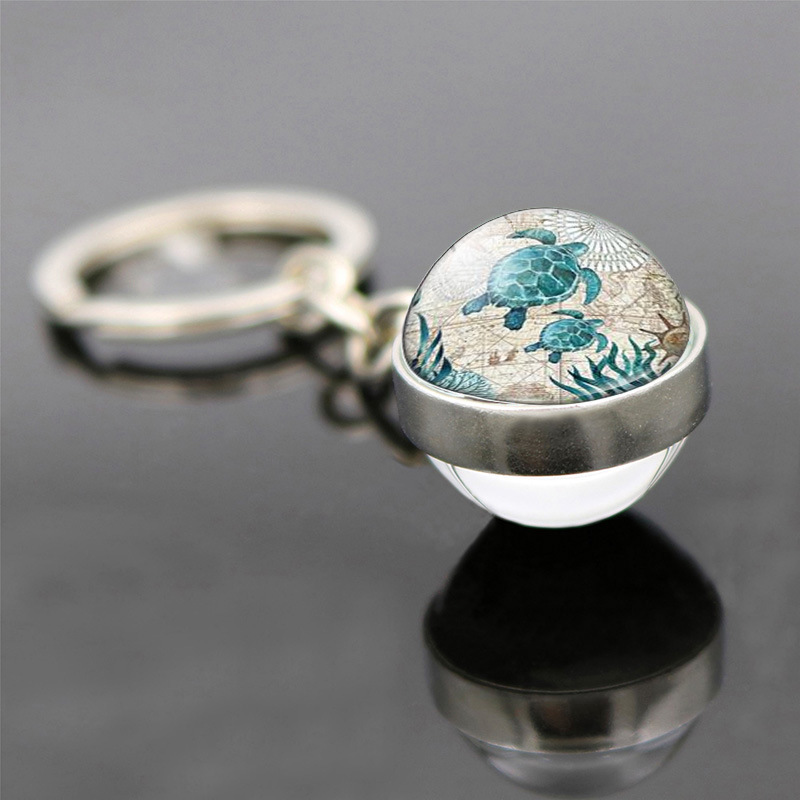 Vintage starfish turtle key chain hanging jewelry marine life double-sided glass ball pendant keychain pendant wholesale