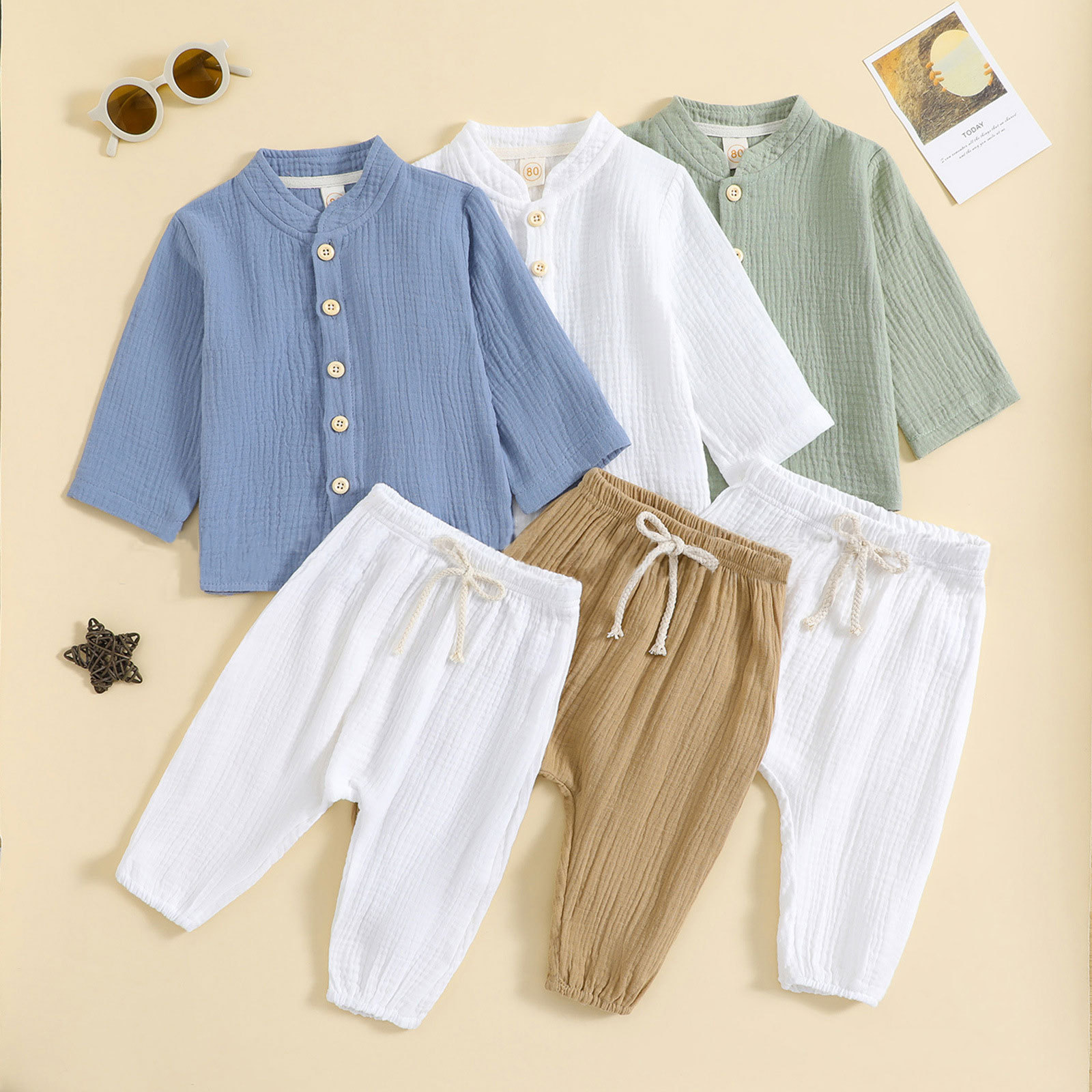 European and American Cross-Border Boys and Girls Morandi Color Front Strap Two-Piece Set Infant Cotton Shirt Long-Sleeved Pants Solid Color