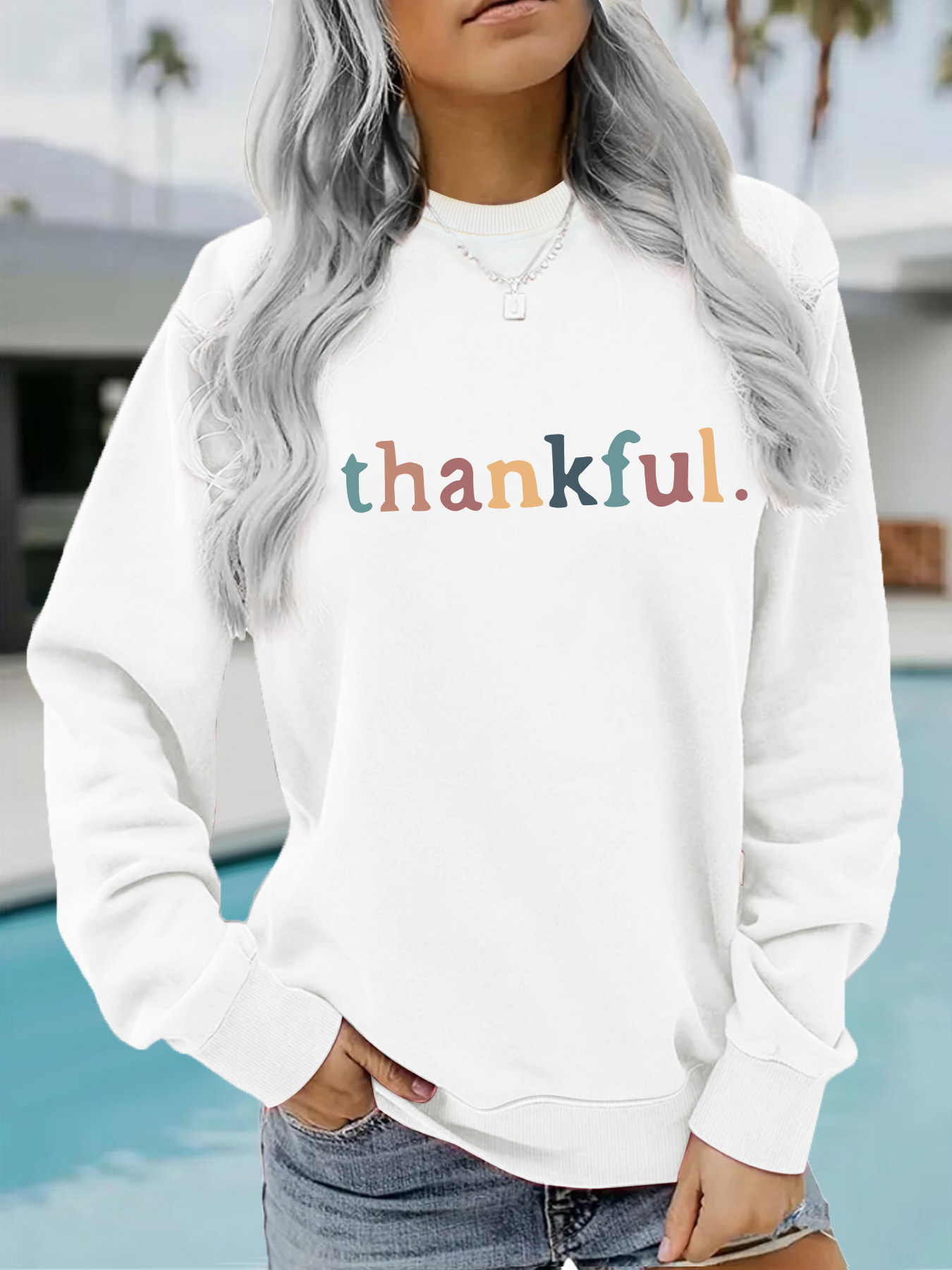Picture of Europe and the United States cross-border autumn and winter women's casual long sleeve round neck thankfol printed pullover sweatshirt sweater wholesale