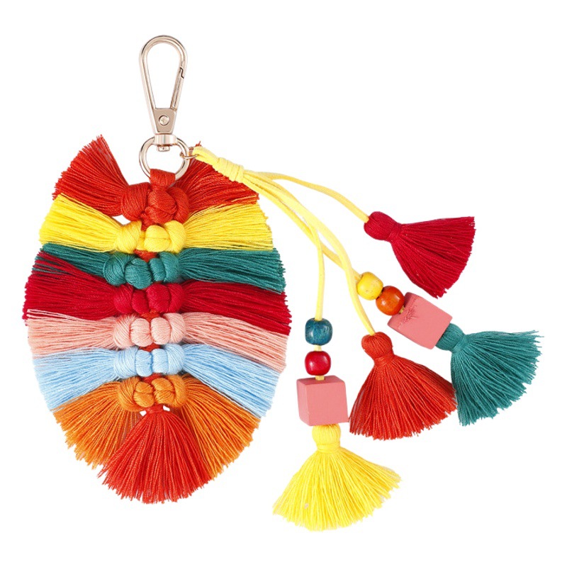 European and American Foreign trade new multi-layer Tassel Keychain Bohemian ethnic style leaves wooden beads tassel pendant ornaments