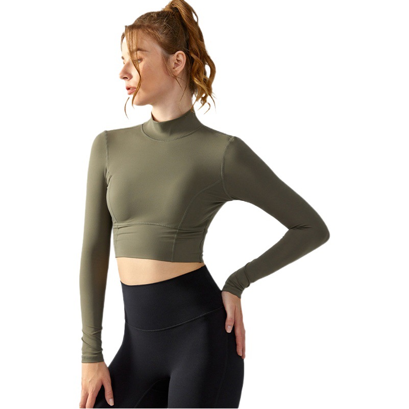 Fitness Clothing Long-Sleeved with Chest Pad Autumn and Winter Stand-Up Collar Sports Top Waist Slimming Look Cut Out Beautiful Back Long-Sleeved Yoga Clothing for Women