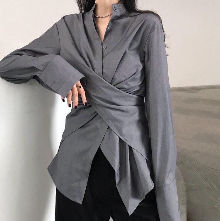 Scheming Design Chic Shirt for Women 2025 K-Style Ins Super Hot Bf Loose Asymmetrical Slim Long-Sleeved Top
