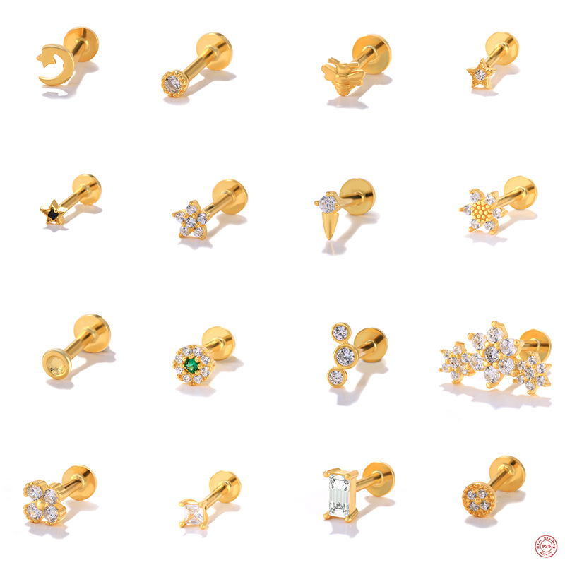 New S925 Sterling Silver Geometric Diamond Flat Head Body Piercing Auricle Earrings Ins Trendy Thread Piercing Earrings