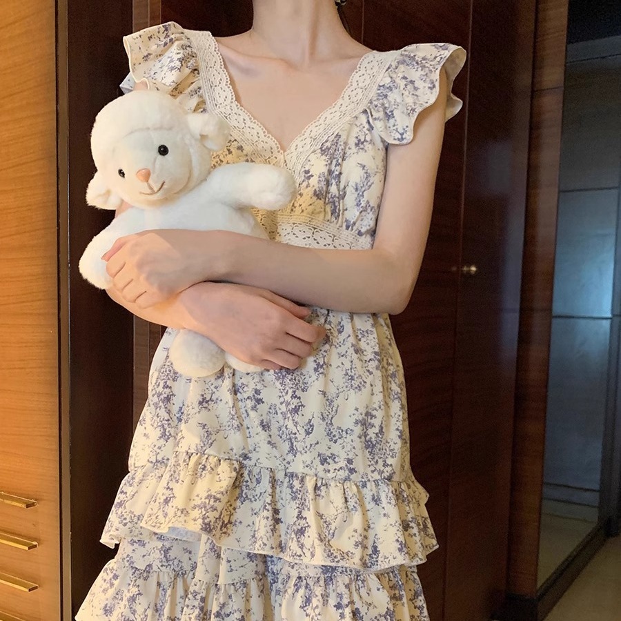 Lace strap pajamas women's sweet cute shorts with chest pad suit summer V-neck nightdress home wear Women