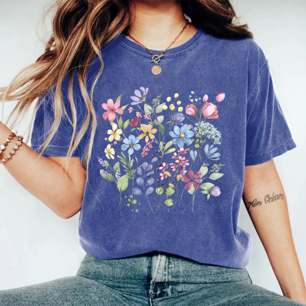 Picture of European and American Casual T-Shirt Pure Cotton Washed Old Floral Cross-Border Round Neck Short-Sleeved Ready-Made Tops for Women Export Orders