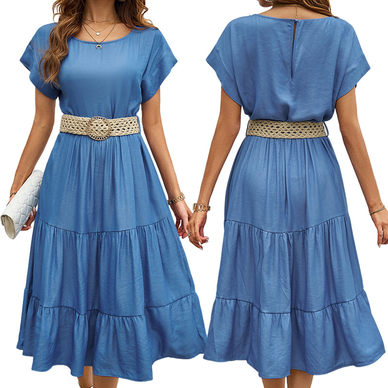 Cross-border Amazon 2024 European and American Casual Solid Color Simple Crewneck Short Sleeve Mid-length dress Women Without Belt