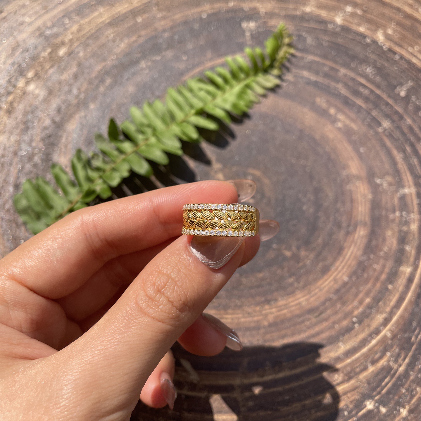 Buccini Wind Brushed Wheat Ear Leaf Full Mosan Diamond Row Ring Ladies S925 Silver 18k Gold Ring