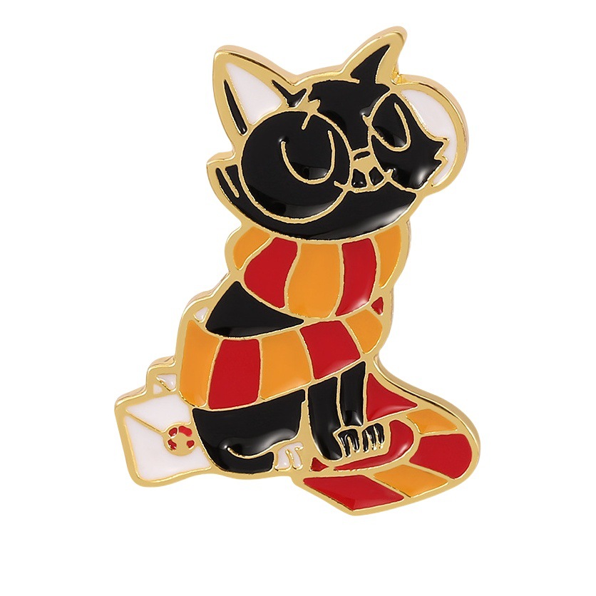 Cartoon Cute Creative Cat Metal Badge Art Magic Kitten Wearing Scarf Alloy Brooch Bag Decoration