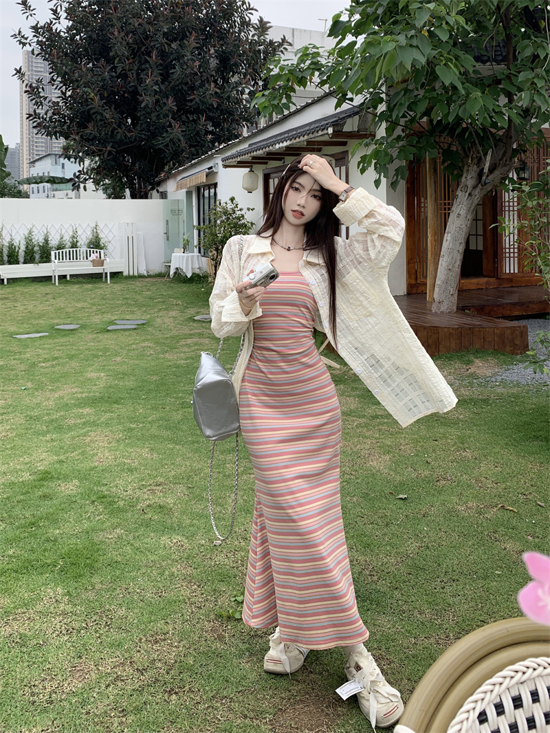 Picture of Dopamine Rainbow Stripe Knitted Sling dress Women's Summer Dali Seaside Vacation Postmom's Hip Vest Long Skirt