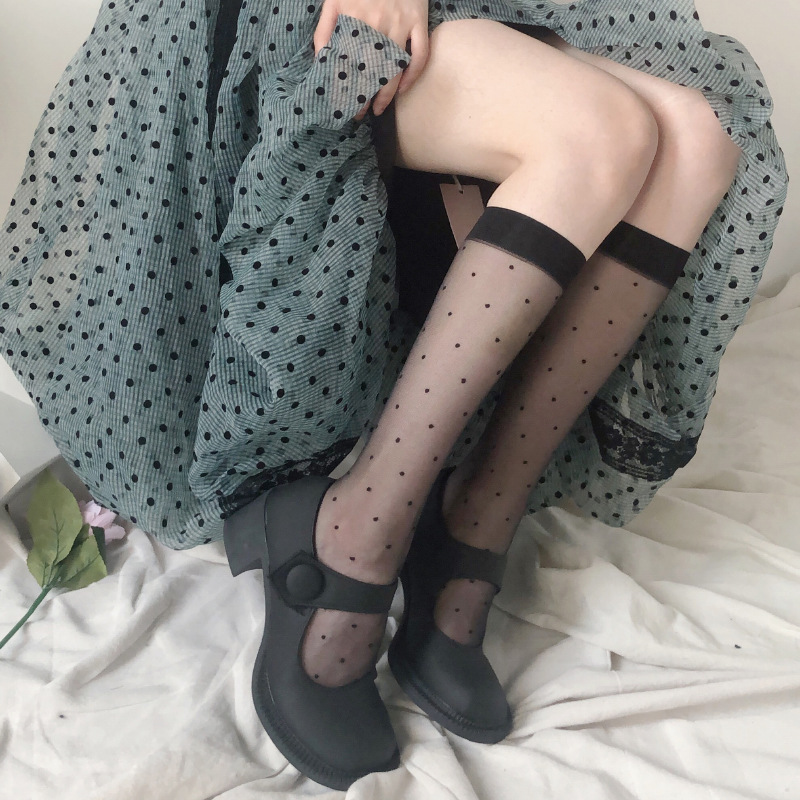Summer thin small polka dot JK calf socks online popular with polka dot mid-length socks women's ins tide dots white black silk