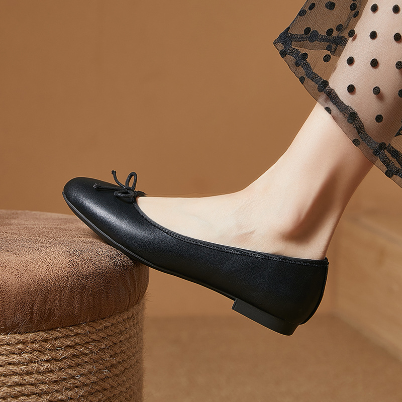 Platinum Disi Homemade Vintage Round Toe Shallow Mouth Shoes Genuine Leather Handmade Soft Bottom All-Match Flat Shoes Women's Bow Shoes