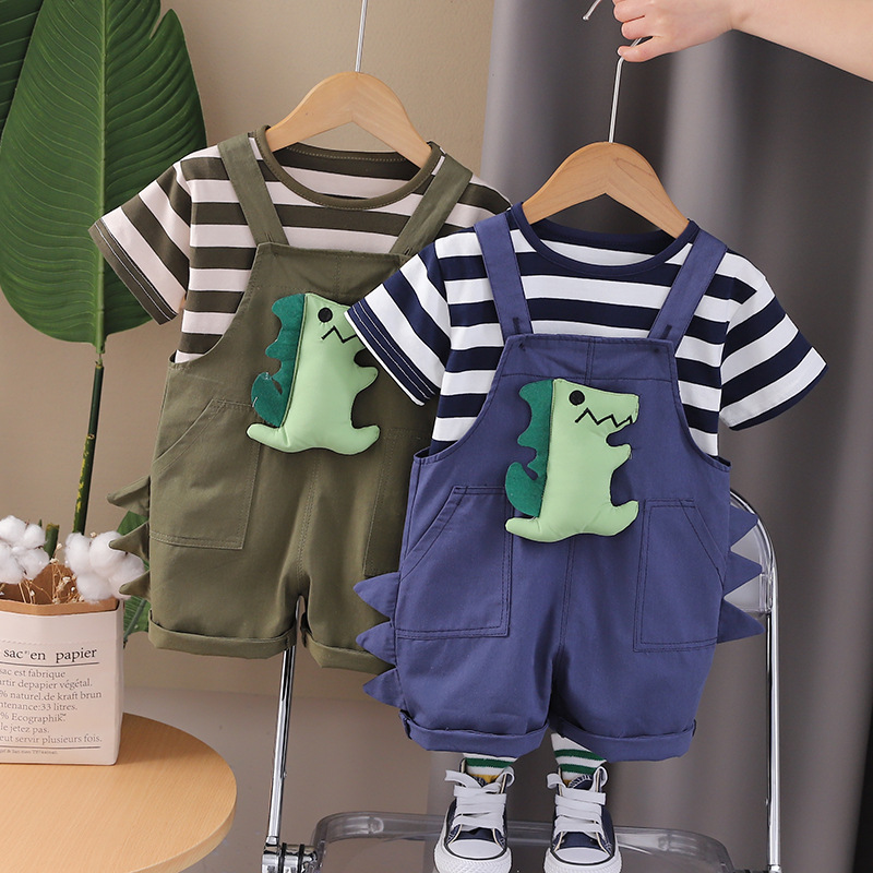 2024 Summer Boys and Girls Baby Striped Strap Short Sleeve Cute Three-dimensional Dinosaur Cartoon Children Summer Two-piece Set