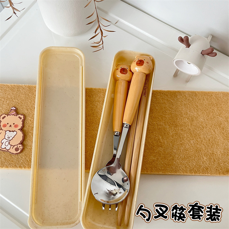 Picture of Ceramic Handle Cute Cartoon Skin Spoon Chopsticks suit Portable Tableware Cartoon Spoon Fork for Students