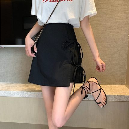 Summer New Korean Style High Waist Slimming Side Bow Lace-up All-match College Style Women's Skirt for Teachers and Students