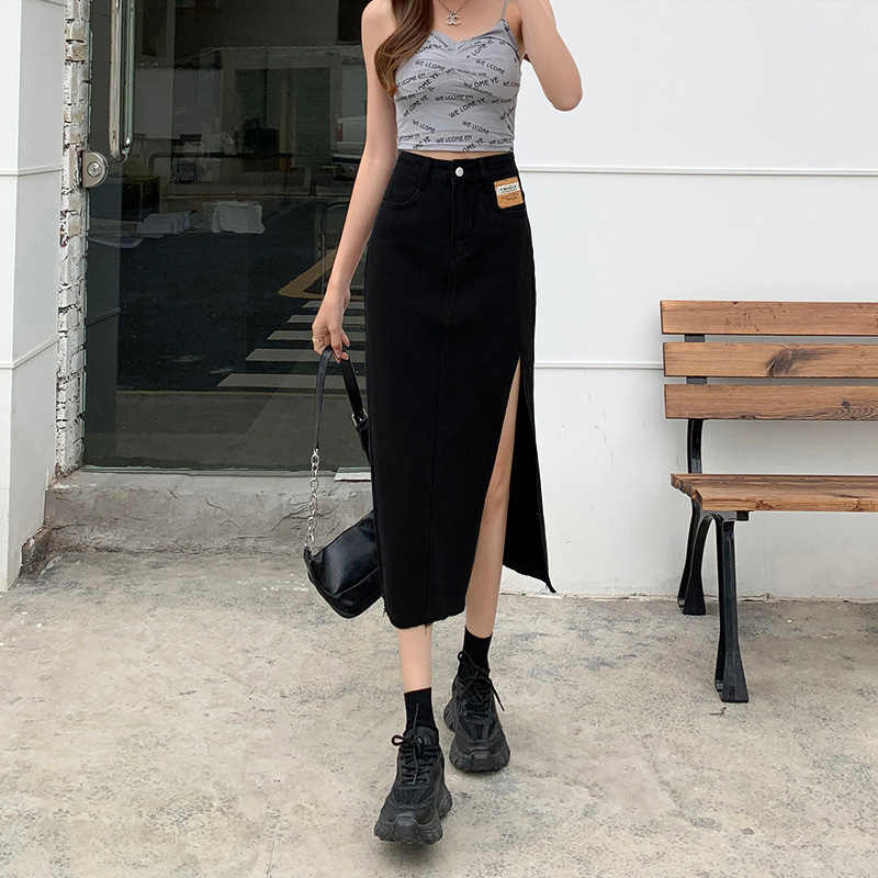 Small Mid-length Denim Skirt Women's Design Leather Label High Waist Slimming Side Split A- line Hip Skirt Summer