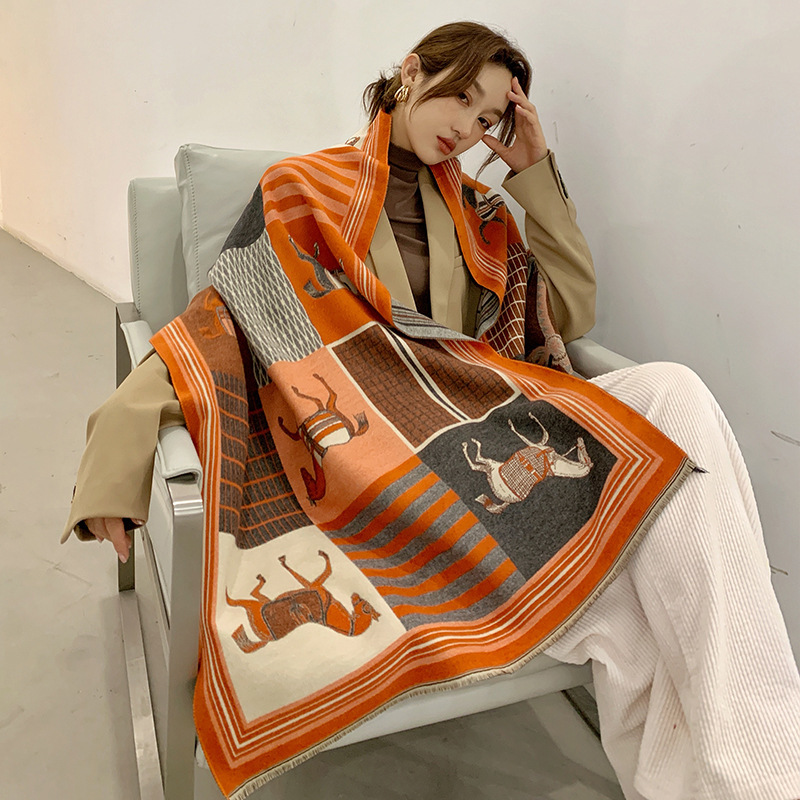 Picture of 2024 New Fashionable Big-Name Versatile Orange High-End Wool Cashmere Shawl Scarf for Women Winter Dual Use