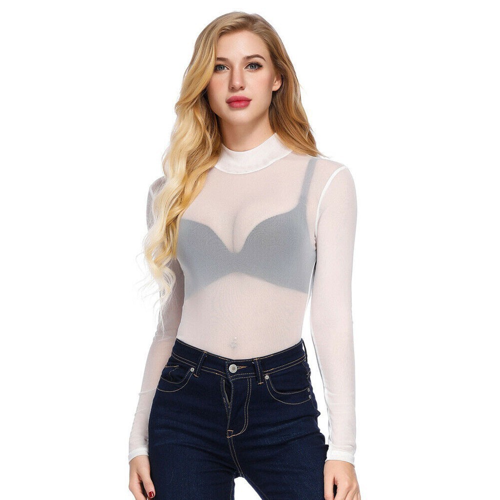 Picture of Autumn 2023 Black Transparent Mesh Base Shirt Women's Long-sleeved Sexy Perspective Thin Mesh Shirt Super-stretch Shirt